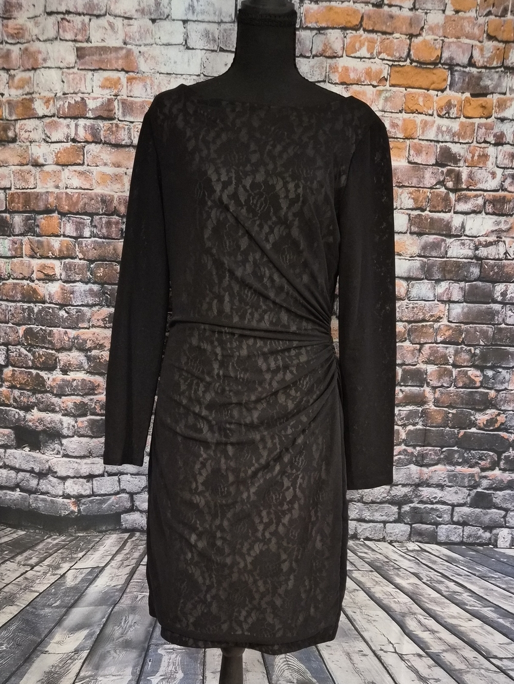 Ralph Lauren Sz12 Black Lace Long-Sleeve Ruched Cocktail Dress + Bebe Heels Sz9